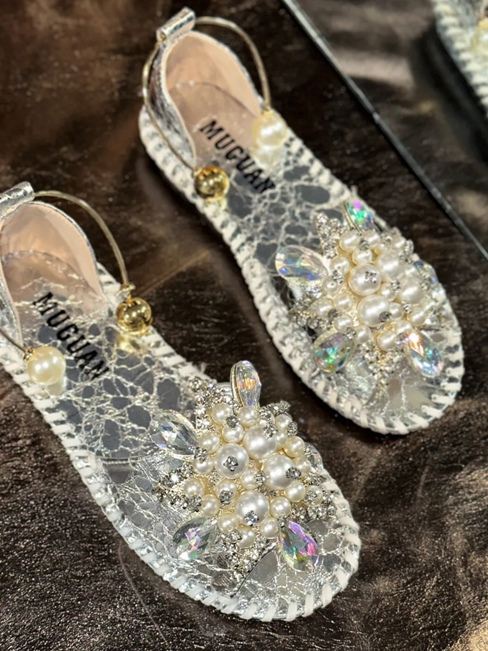Pearl Crystal Embellished Flat Sandals, image 8