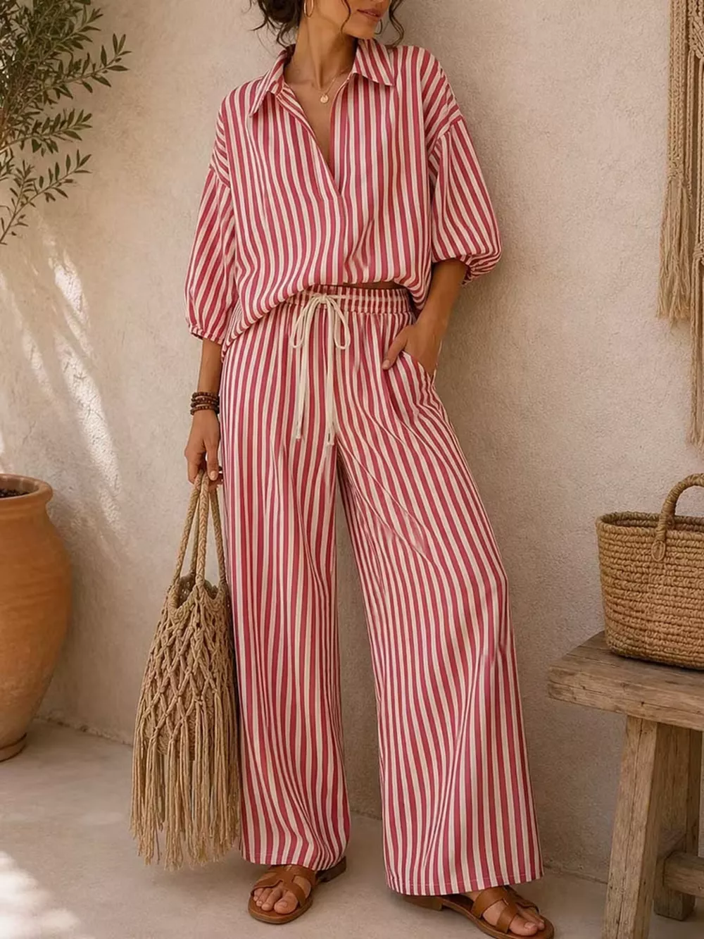 Full Size Striped Puff Sleeve Shirt and Wide-Leg Drawstring Pants Set Plus Size, image 7