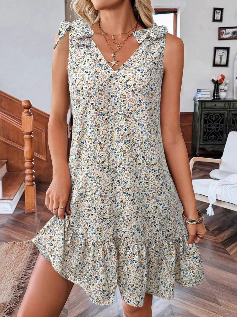 Floral Print Tie Strap Ruffle Hem Mini Dress, image 7