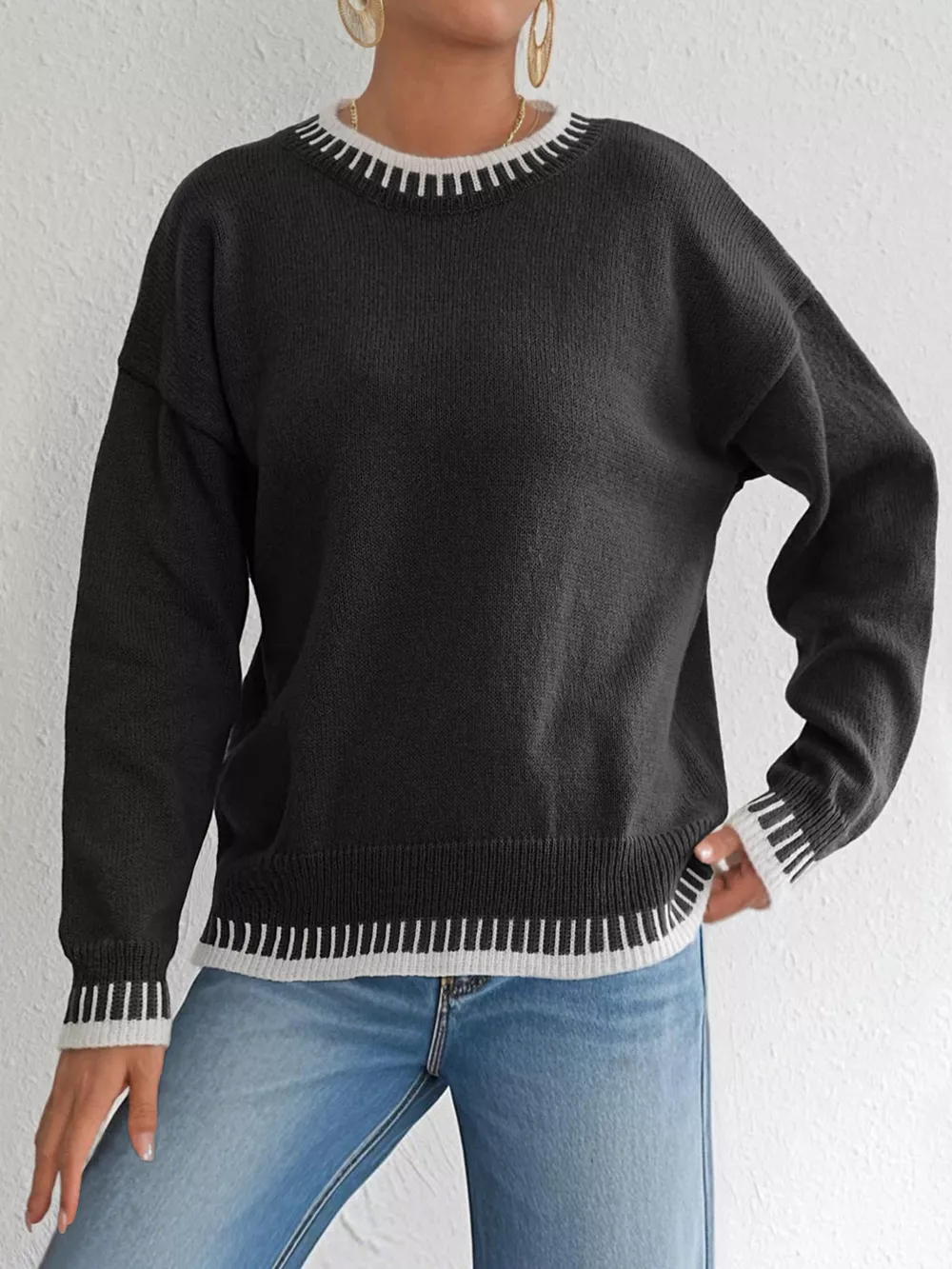 Contrast Trim Crew Neck Drop Shoulder Sweater, image 2