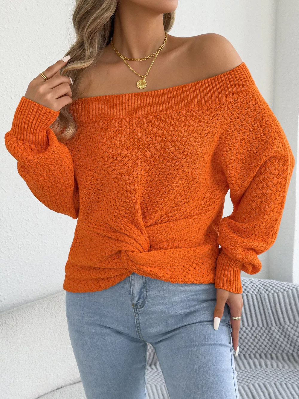 Off-Shoulder Twist Front Textured Knit Top, image 16