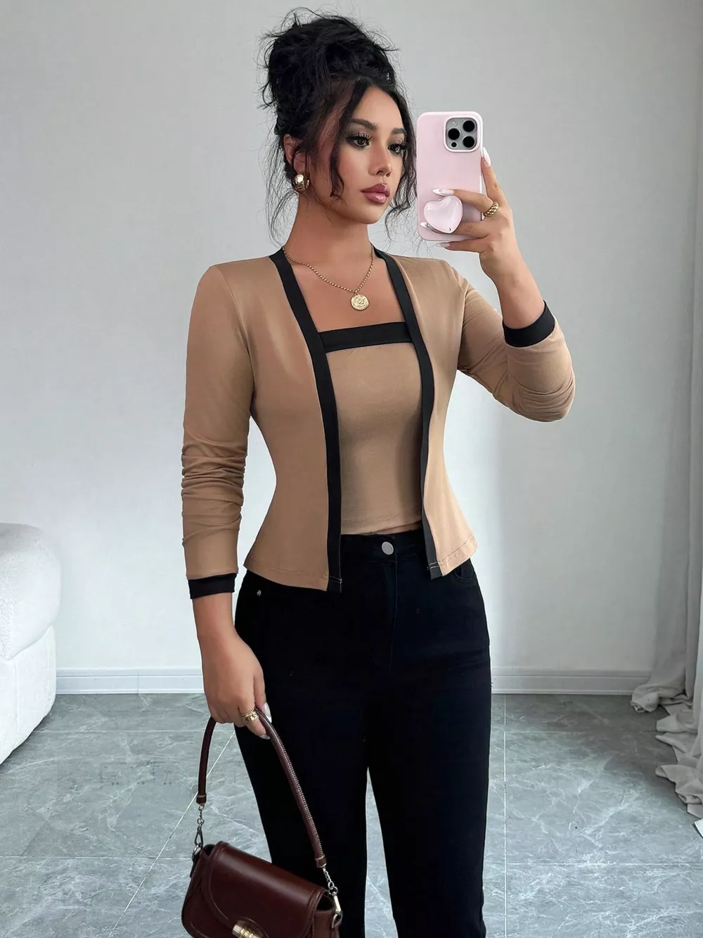 Contrast Trim Cardigan & Tank Top Set, image 6