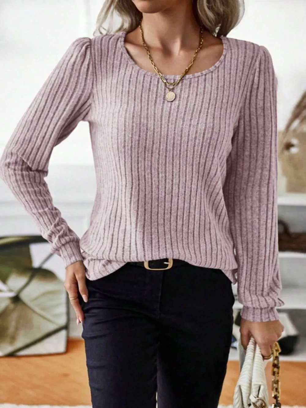 Ribbed Knit Long Sleeve T-Shirt, image 17
