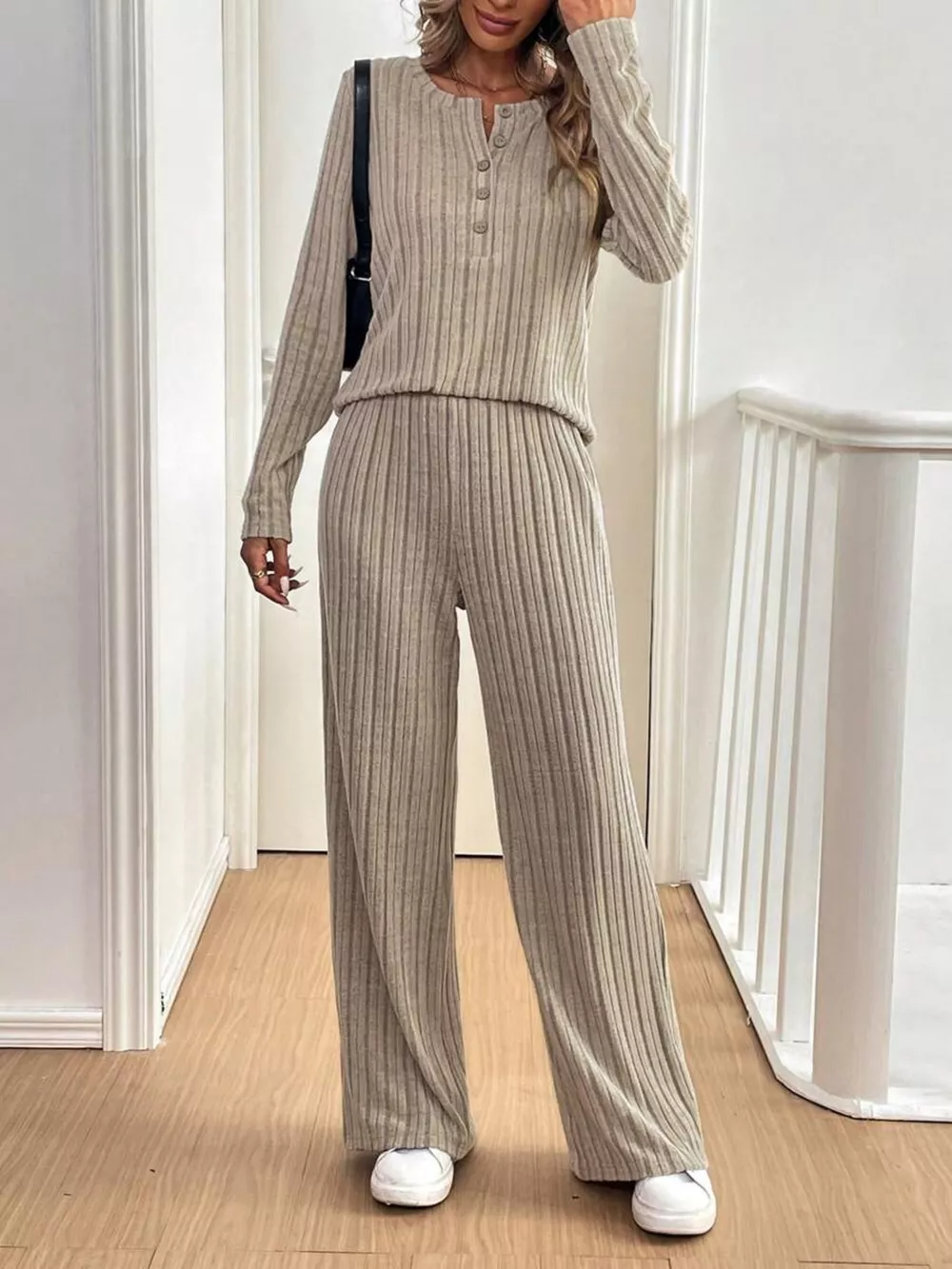 Button Detail Long Sleeve Top and Pants Set, image 2