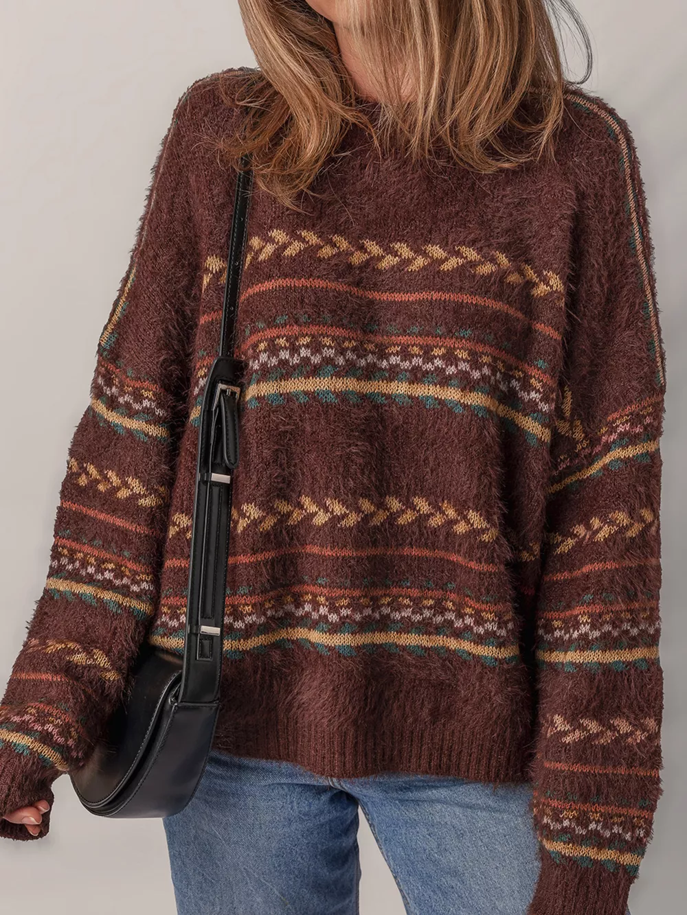 Ethnic Pattern Mohair Knitted Drop Shoulder Sweater, image 5
