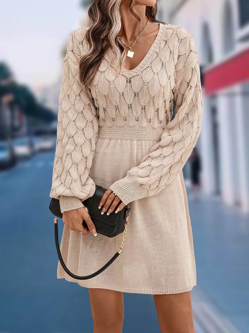 V-Neck Long Sleeve Sweater Dress, image 3