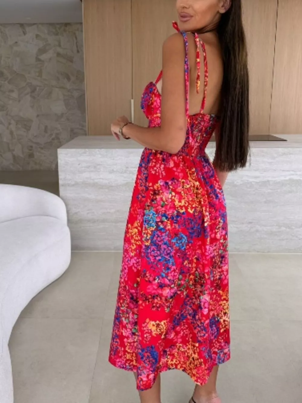 Printed Tie-Strap Midi Dress, image 8