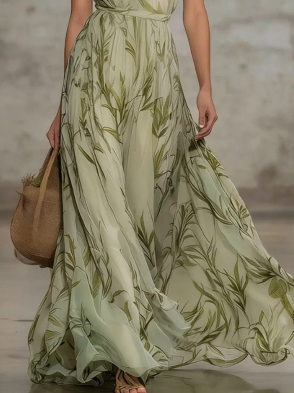 Leaf Print Sleeveless Chiffon Maxi Dress, image 3