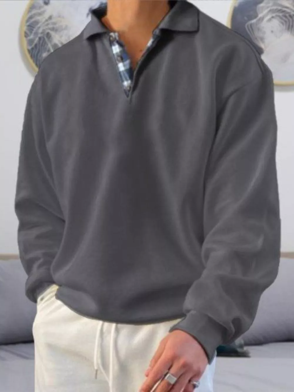 Men's Plus Size Casual Polo Collar Long Sleeve Top, image 8