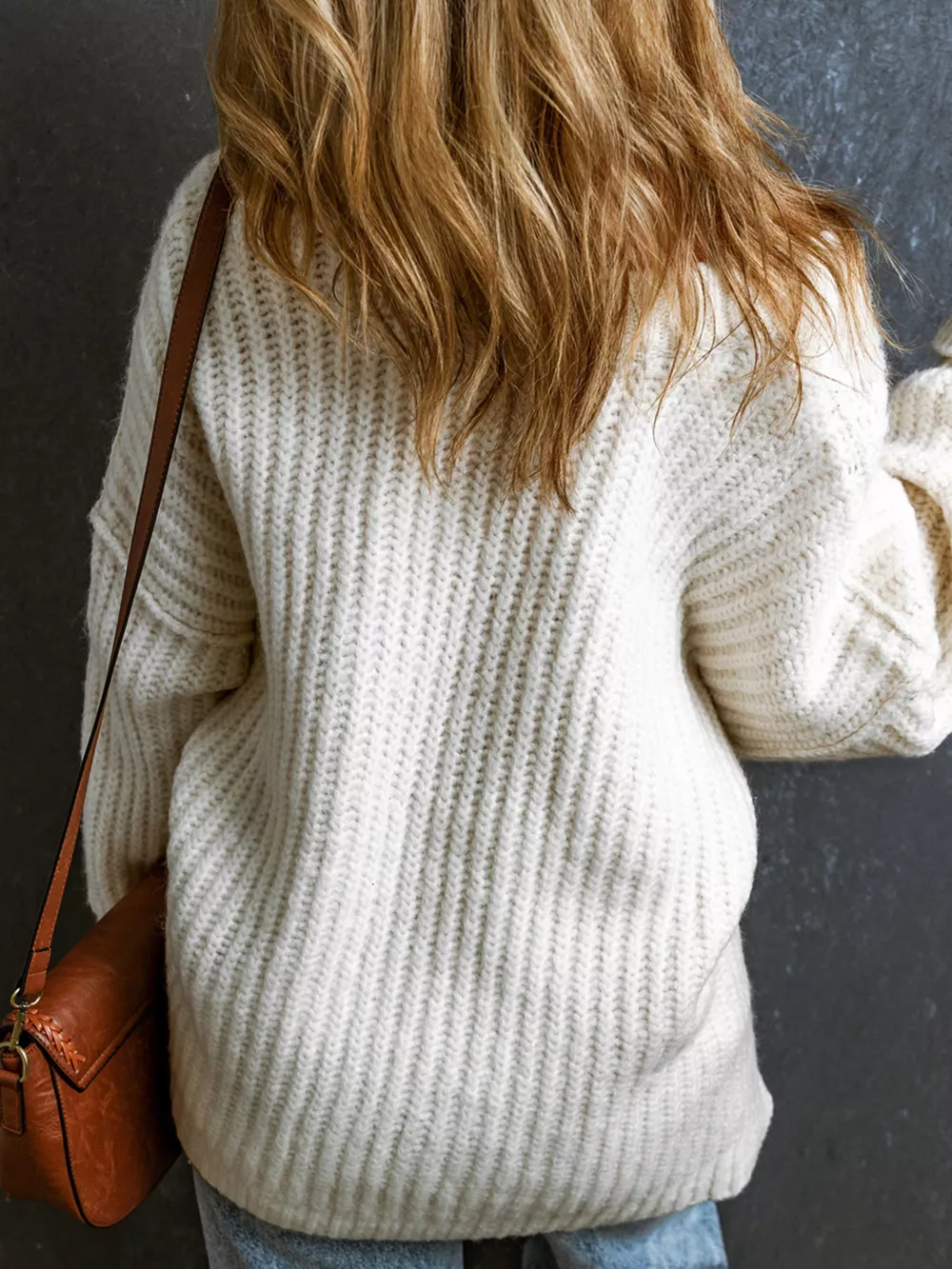 Ribbed Knit Round Neck Slouchy Chunky Sweater, image 2