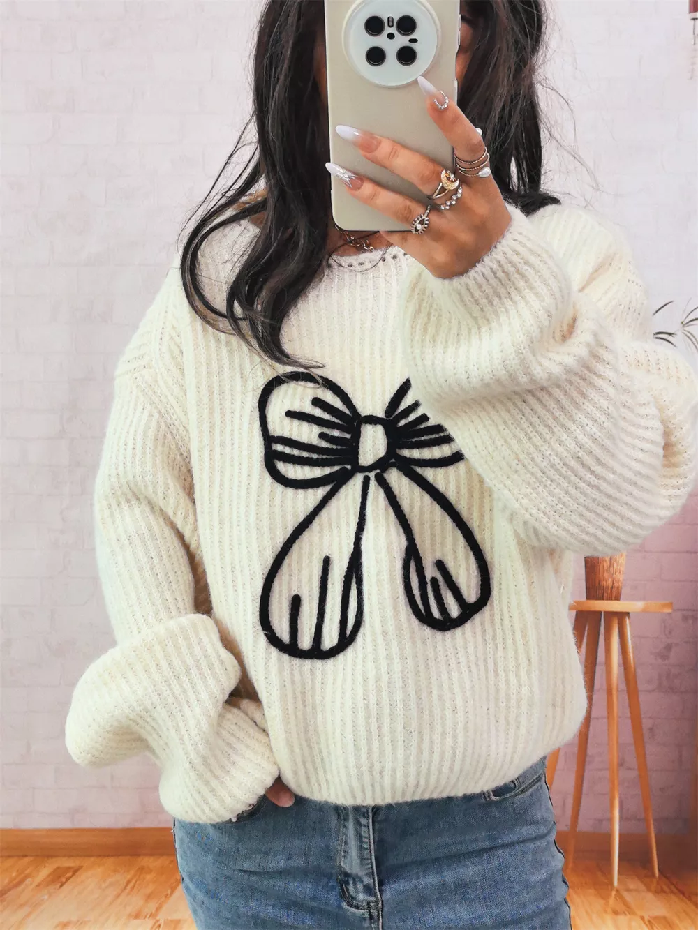 Bow Round Neck Long Sleeve Sweater, image 8