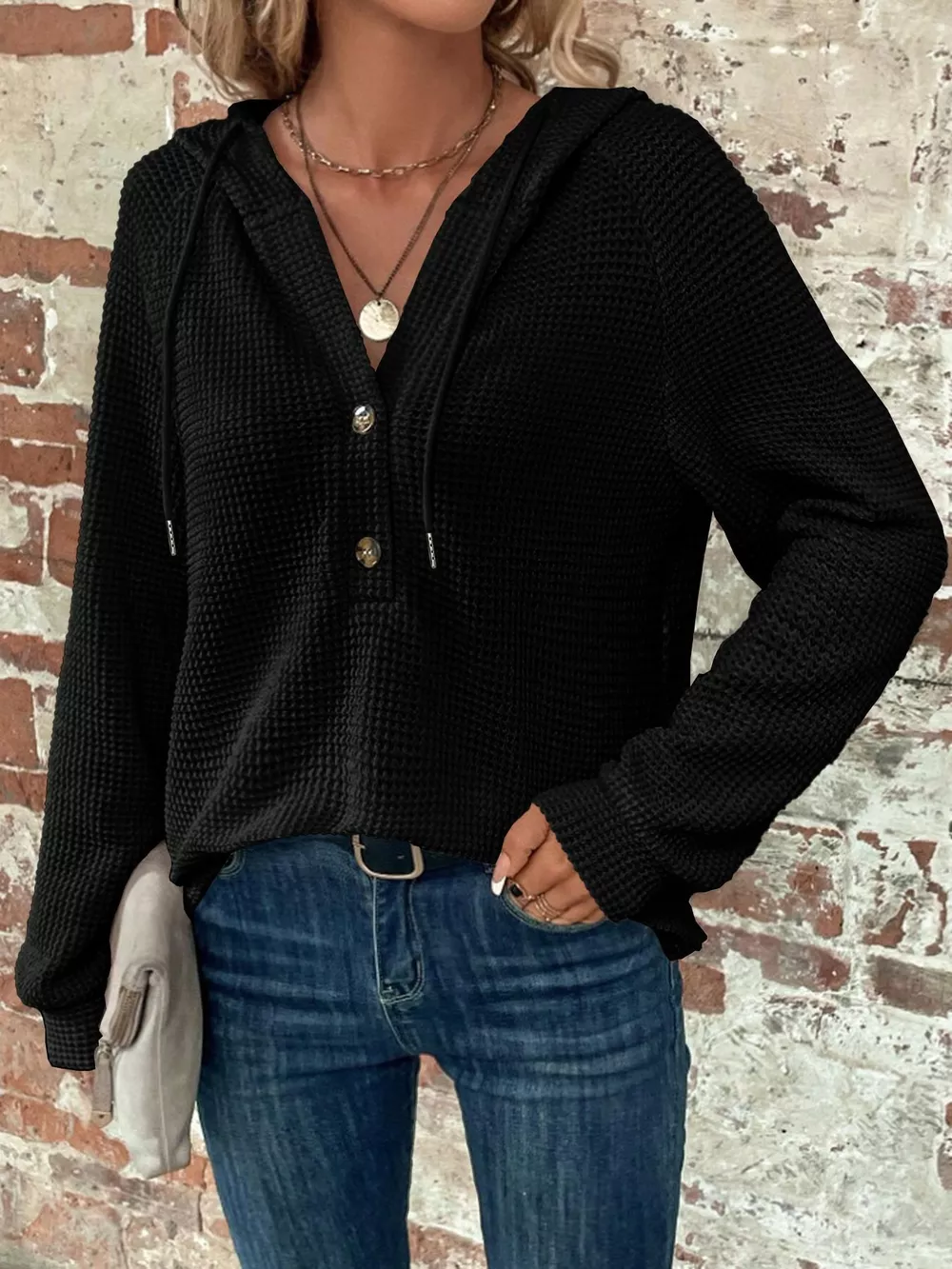 Waffle Knit Button Detail Hoodie, image 27
