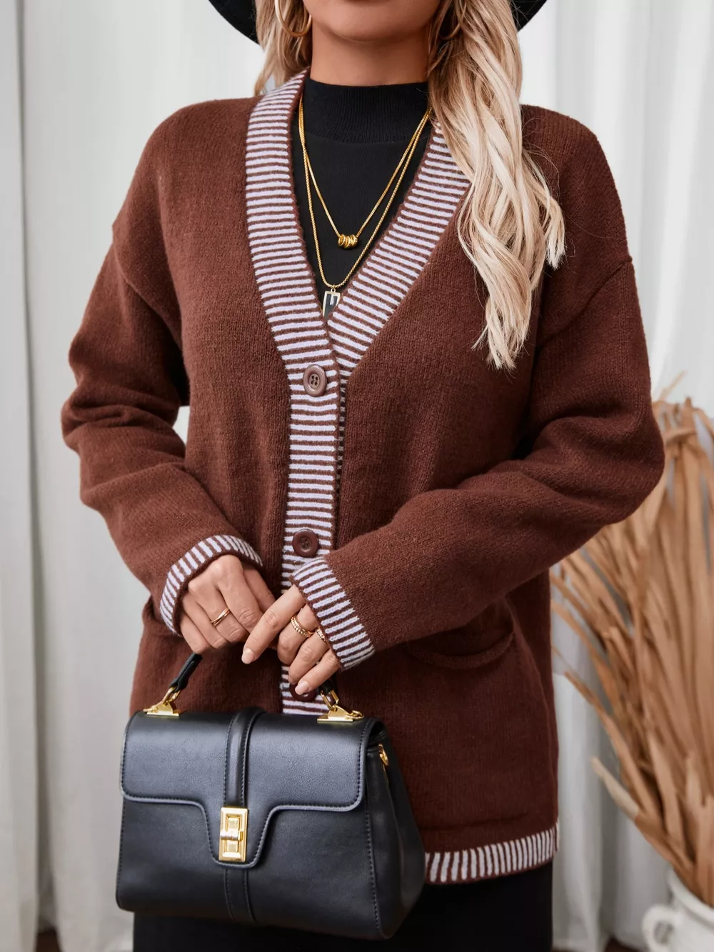 Striped Trim Button Front Pocket Knit Cardigan, image 4
