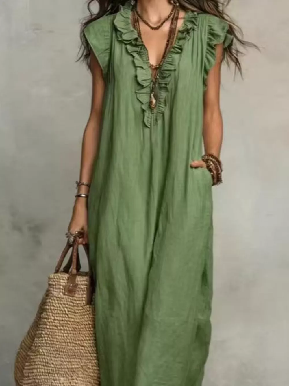 Full Size Bohemian Ruffle Neck Maxi Dress Plus Size, image 9