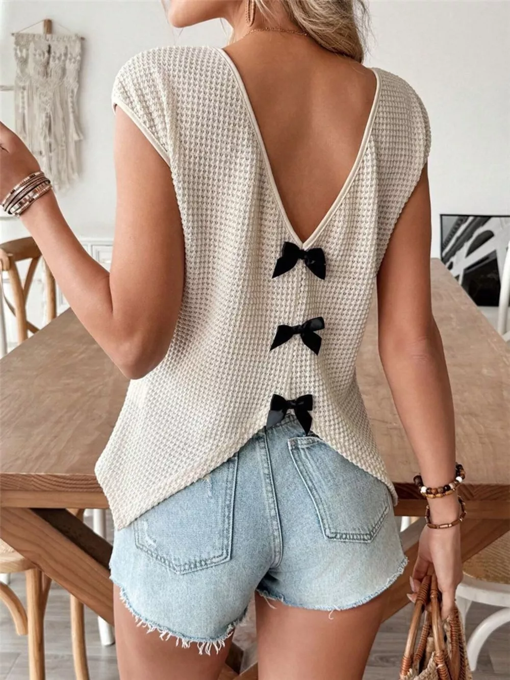Waffle Knit V-Neck Cap Sleeve Top, image 6