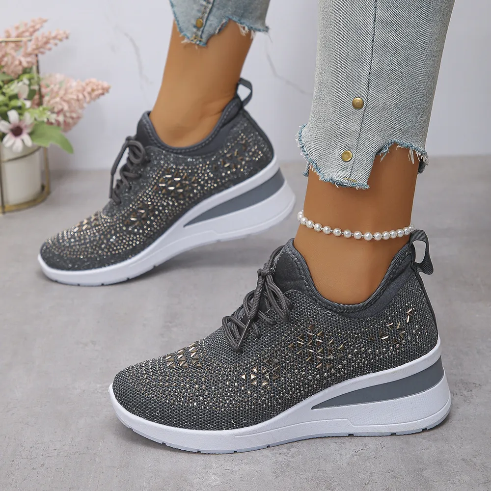 Breathable Mesh Rhinestone Wedge Athletic Sneakers, image 5