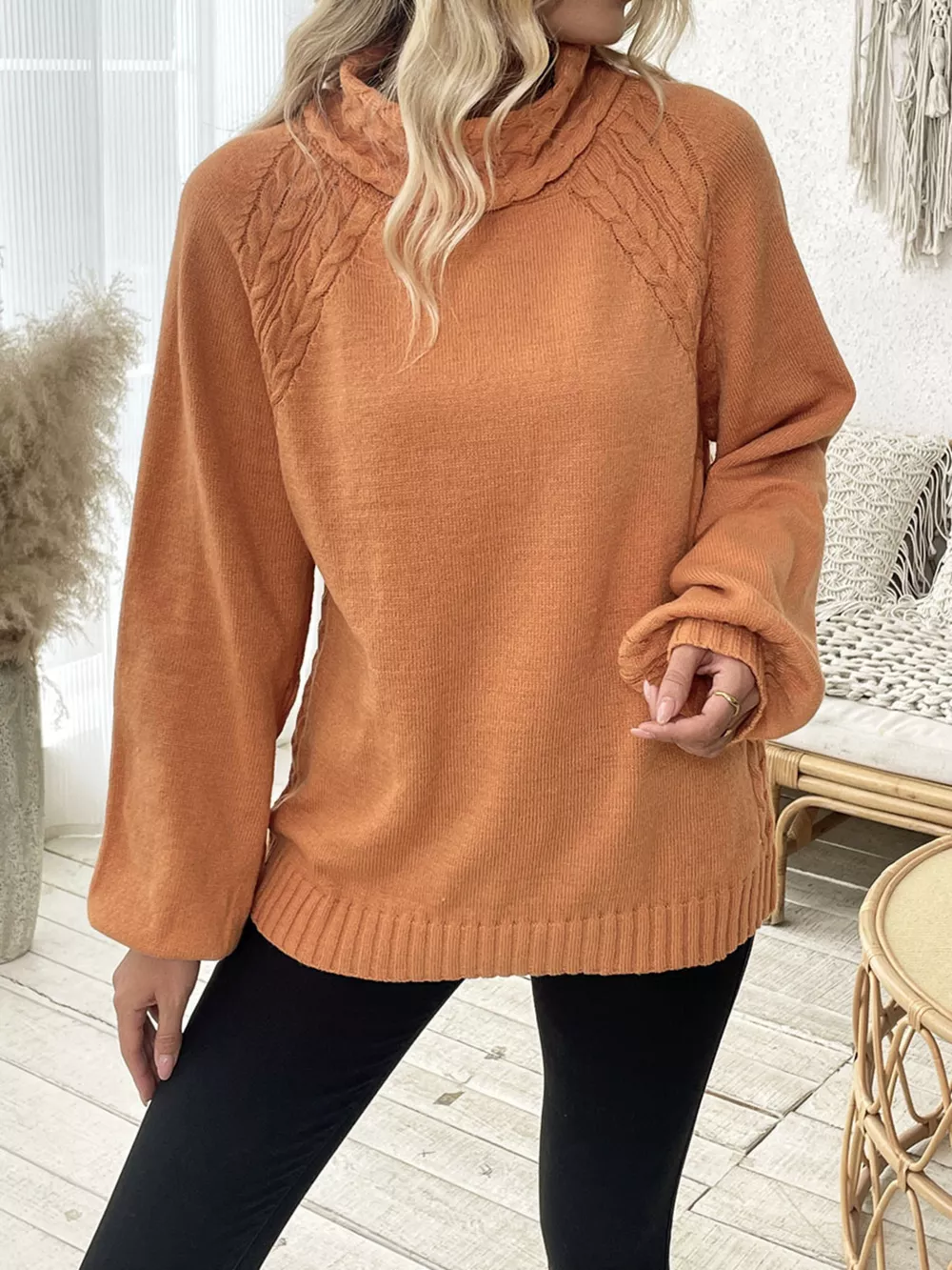 Cable-Knit Turtleneck Long Sleeve Sweater, image 14