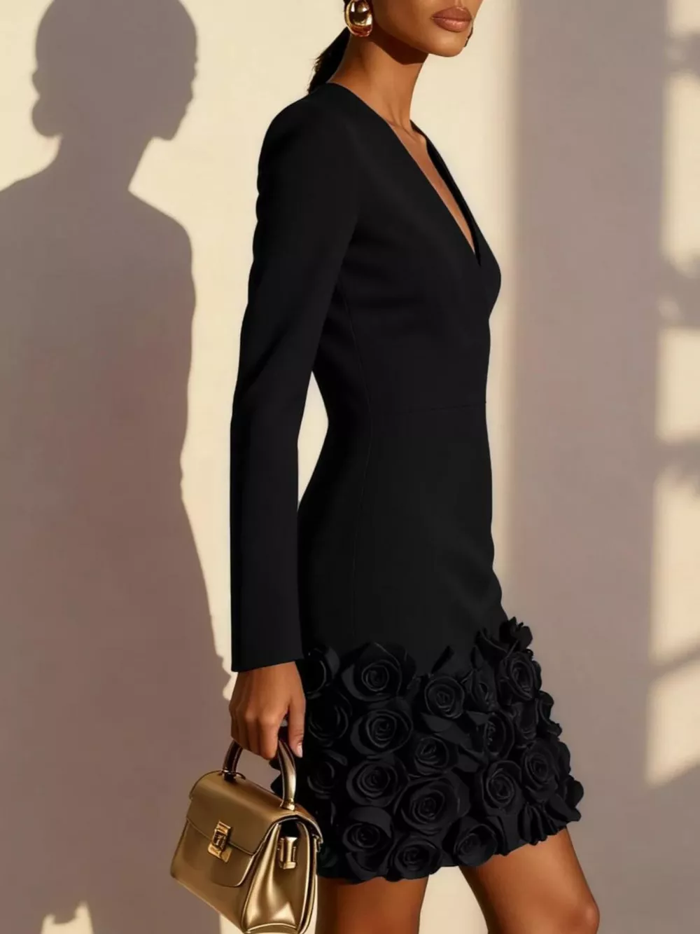 V-Neck Long Sleeve Mini Dress with 3D Rose Floral Hem, image 10