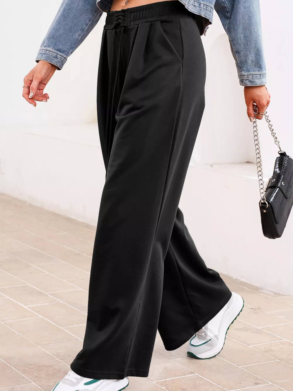 Tied Elastic High Waist Pleated Detail Solid Sweatpants, image 4