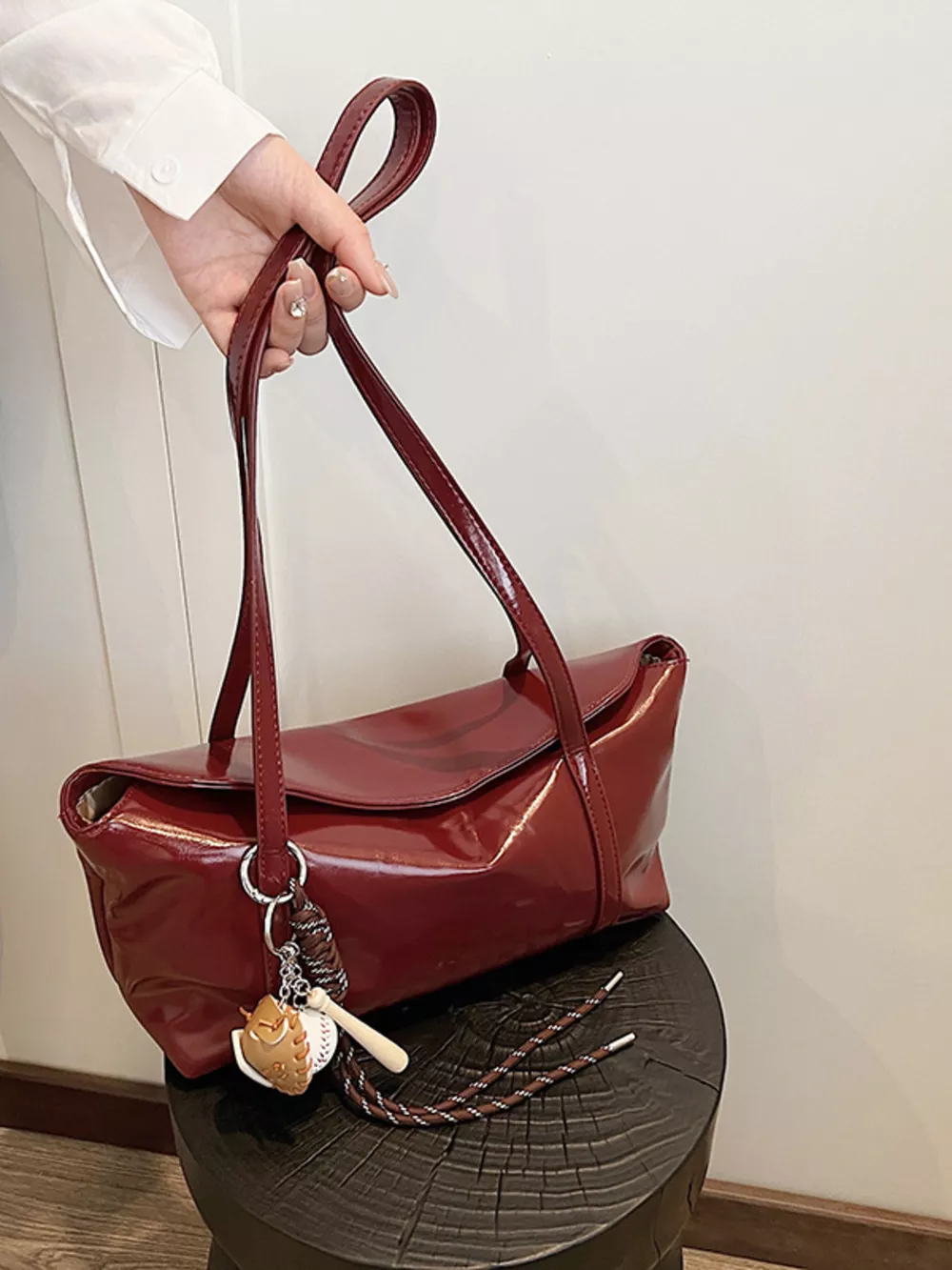 Solid Color Leather Shoulder Bag, image 8