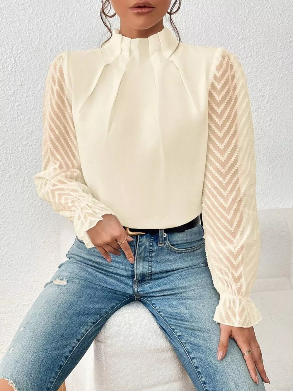 Mock Neck Sheer Lace Sleeve Blouse, image 12