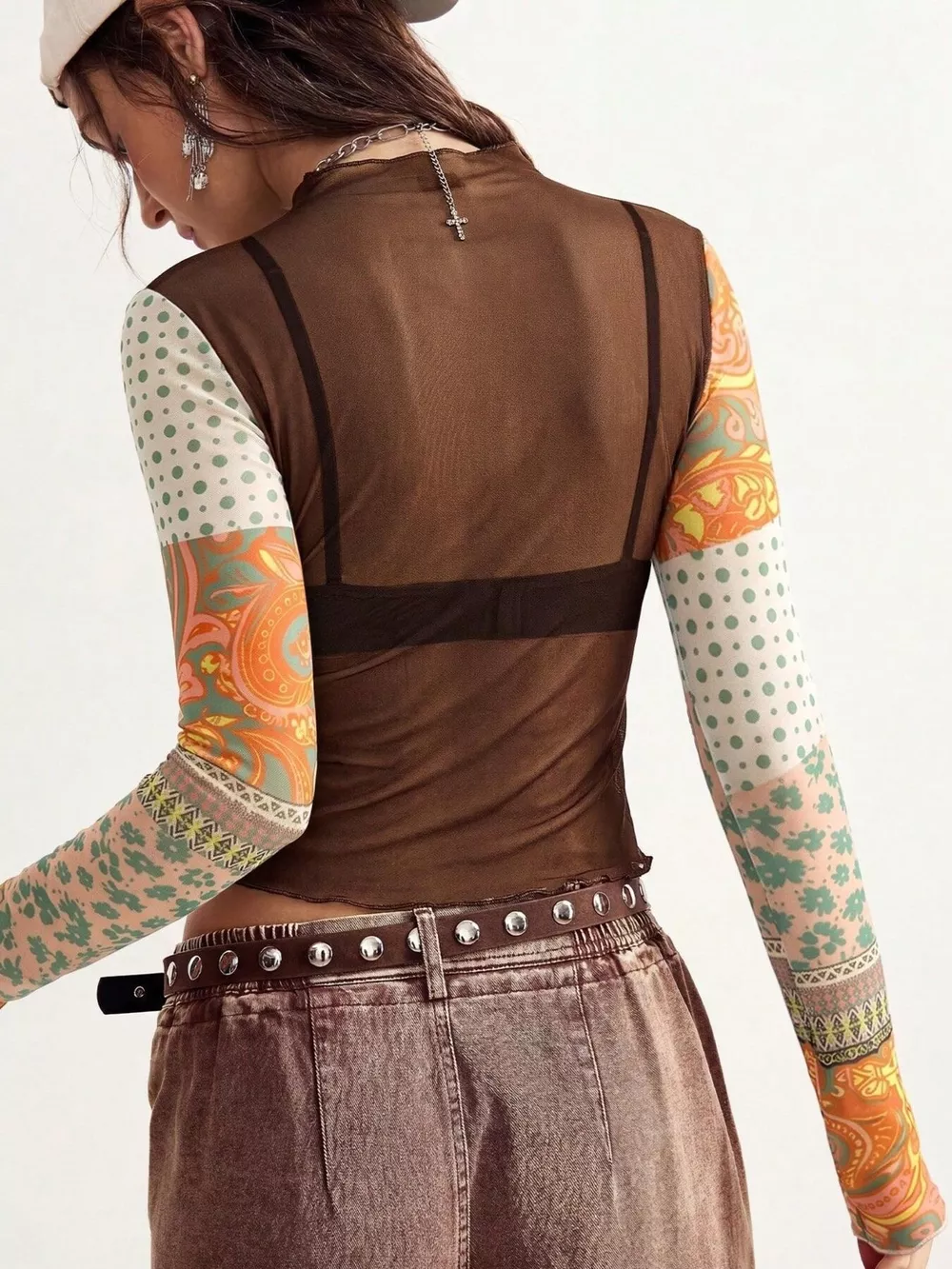 Floral Print Mesh Mock Neck Long Sleeve Top, image 6