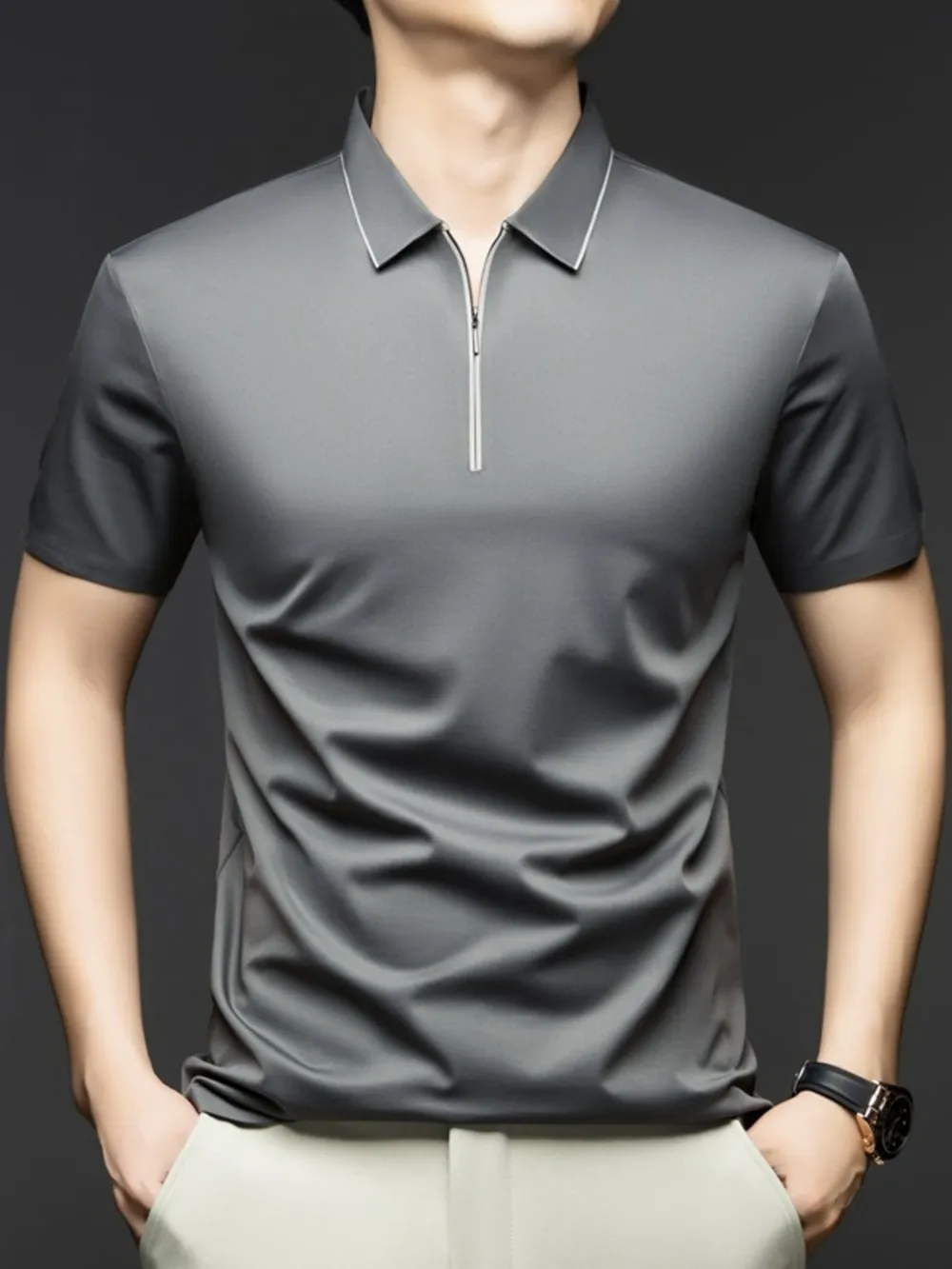 Men's Full Size Short Sleeve Quarter-Zip Polo Plus Size