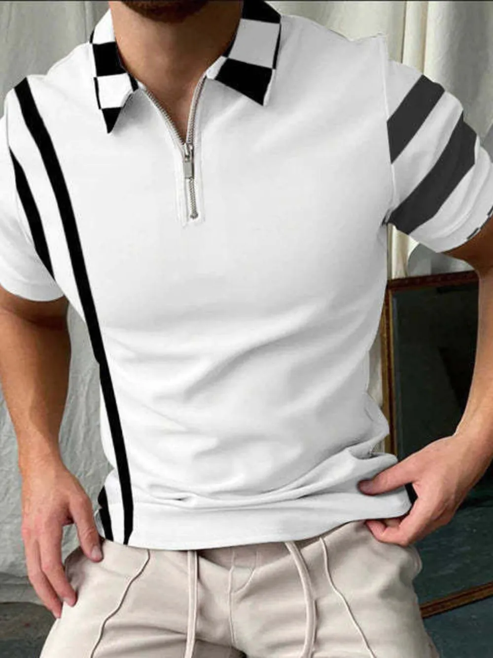 Men's Full Size Contrast Stripe Zipper Polo Plus Size