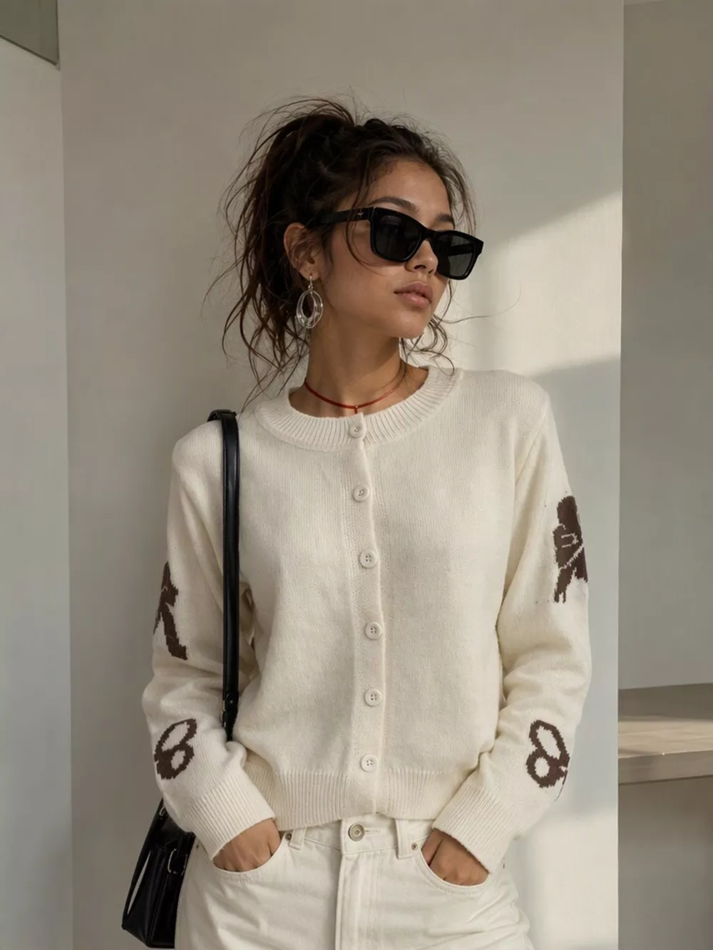 Floral Crew Neck Cropped Knit Cardigan, image 30