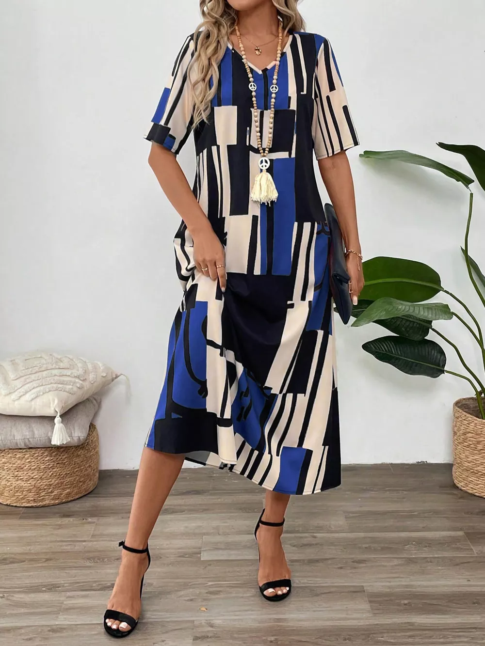 Abstract Geometric Print V-Neck Midi Dress, image 12
