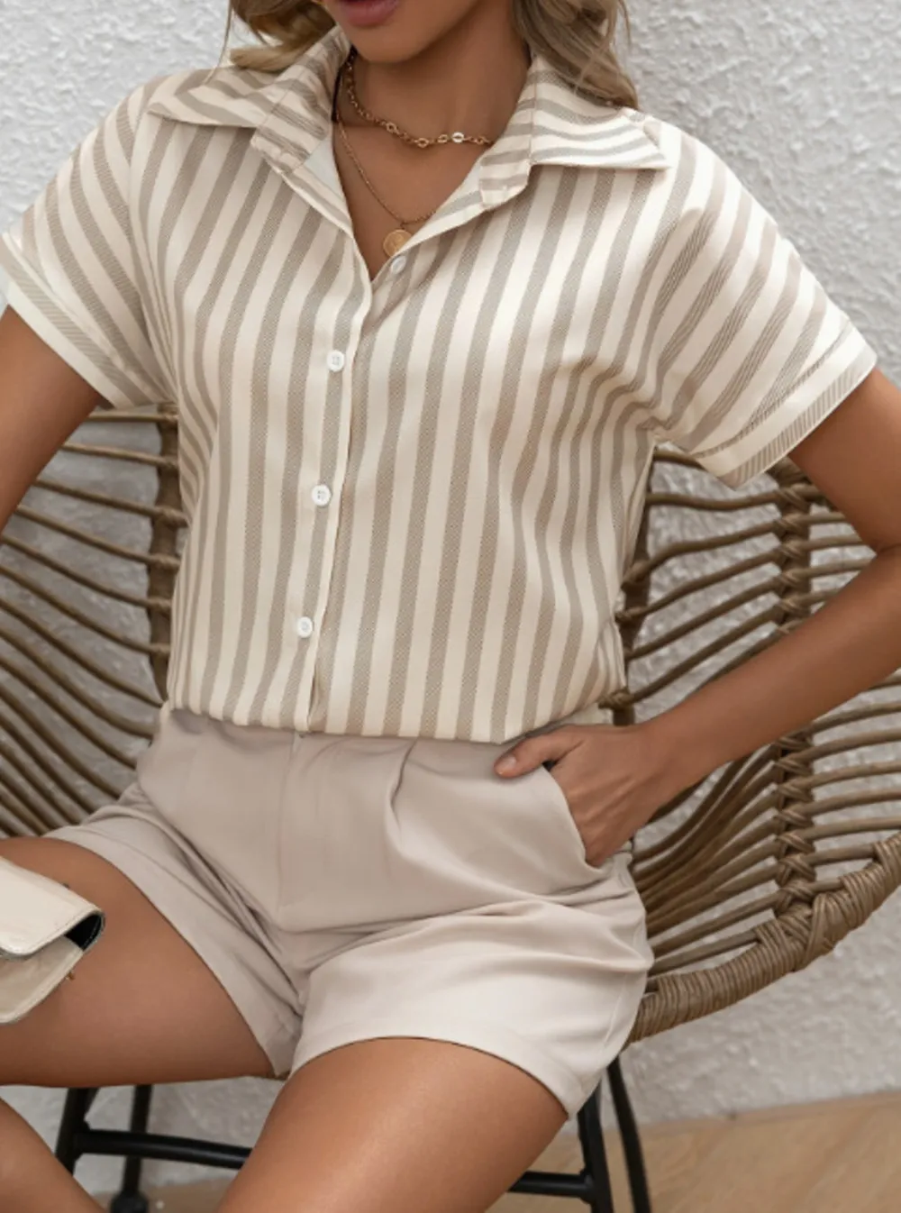 Striped Collared Neck Short Sleeve Shirt, image 2