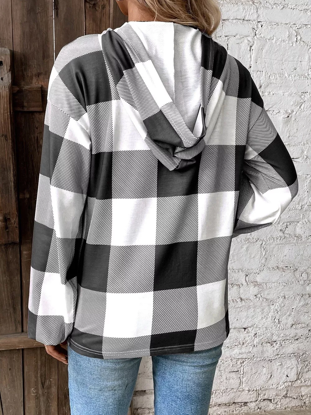 Casual Plaid Button Detail Hoodie, image 2