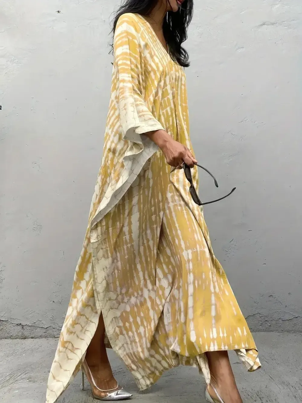 Tie-Dye V-Neck Maxi Dress with Flowy Sleeves, image 6