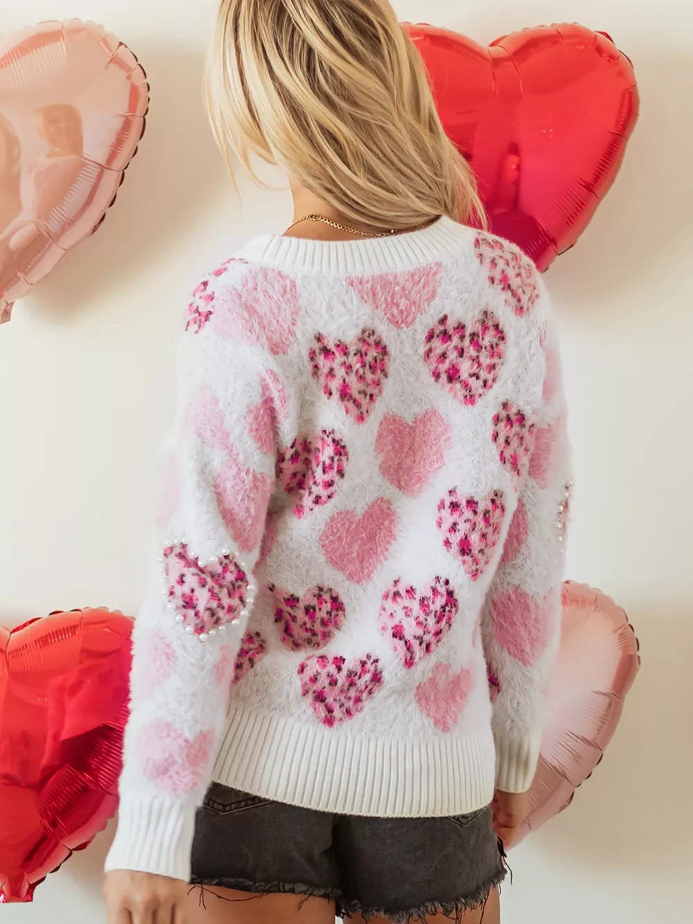 Heart Leopard Pearled Ribbed Trim Fuzzy Sweater, image 9