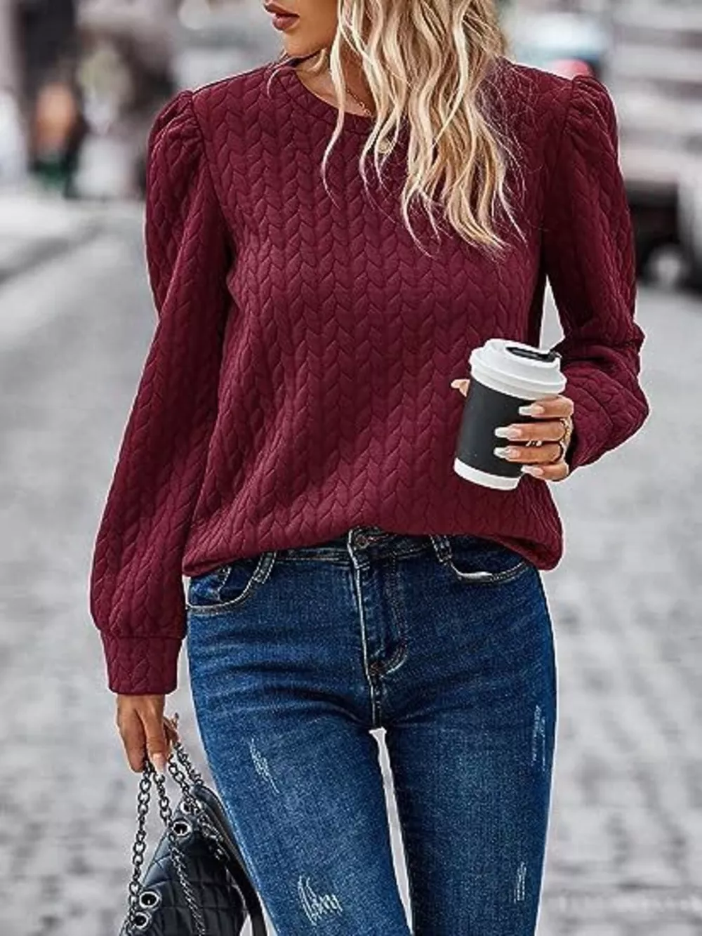 Texture Round Neck Long Sleeve Sweatshirt, image 18