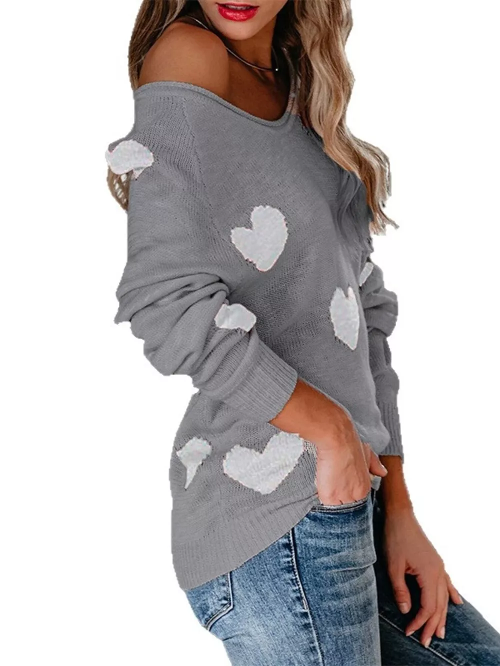 Heart Pattern V-Neck Sweater, image 8