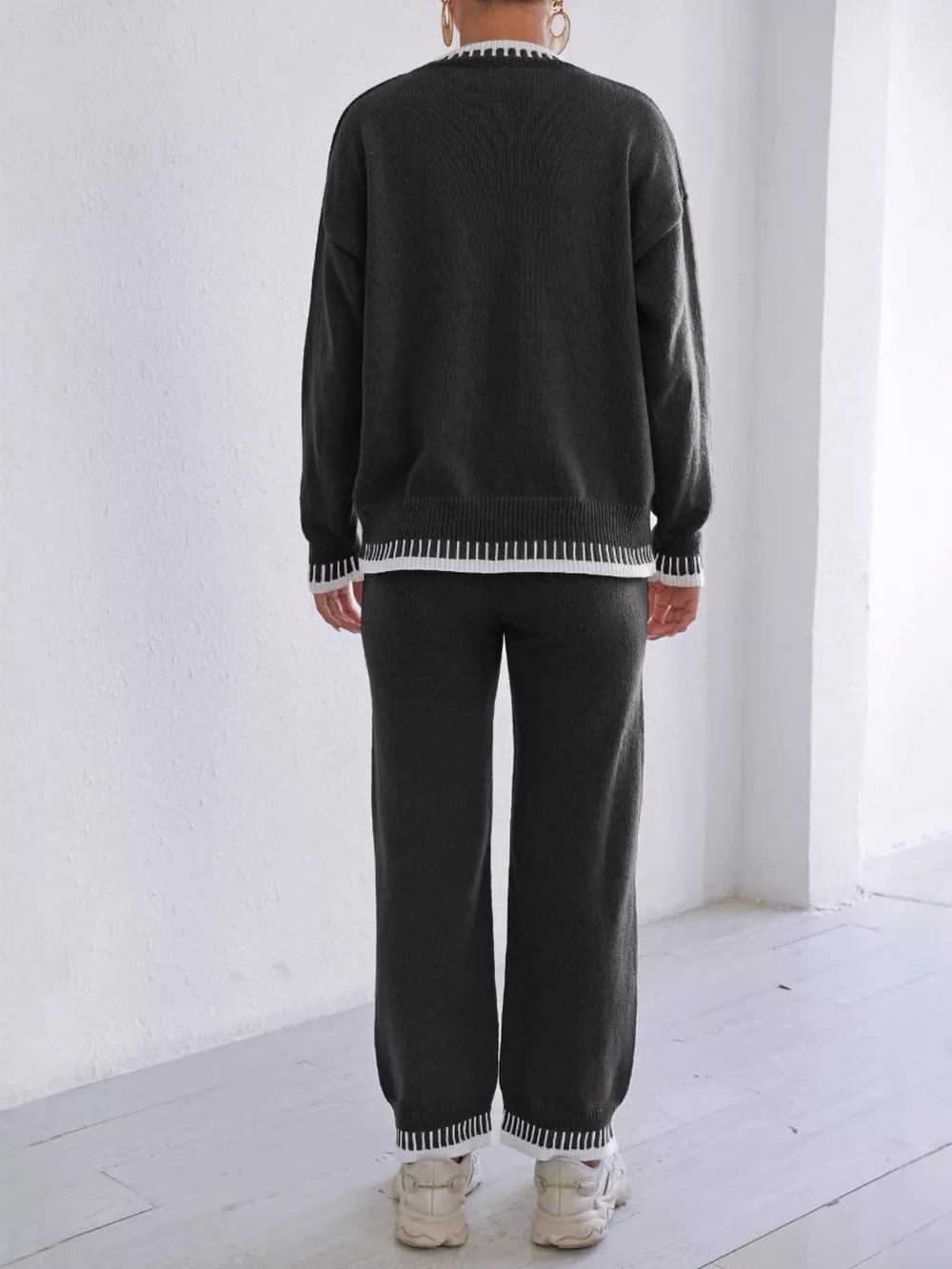 Contrast Trim Crew Neck Sweater and Pants Set, image 12
