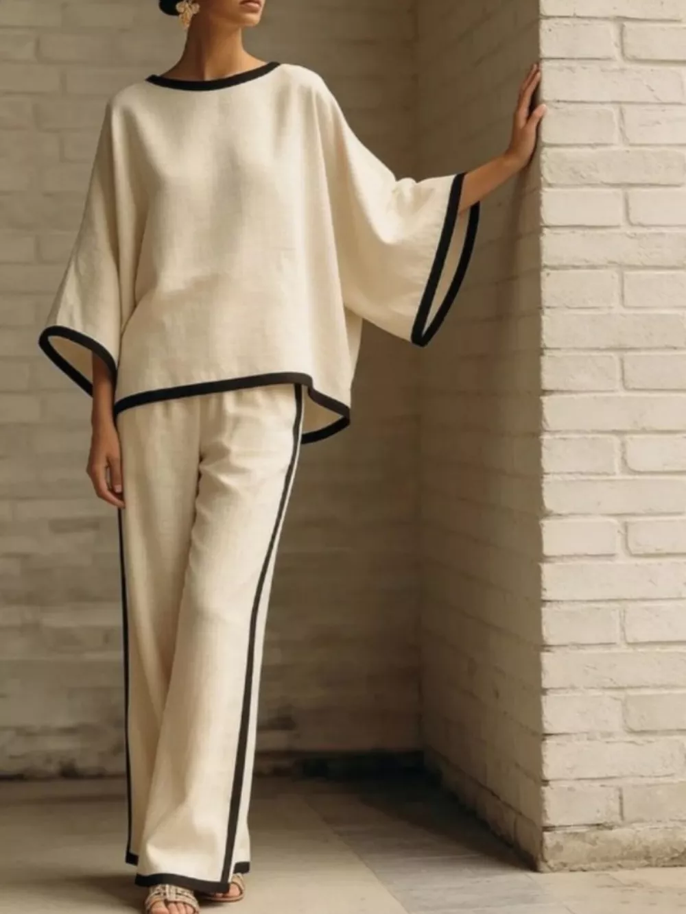 Full Size Contrast Trim Top and Wide-Leg Pants Set Plus Size, image 4