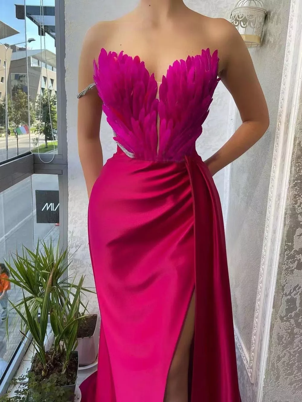 Feather Embellished Slit Maxi Dress, image 11