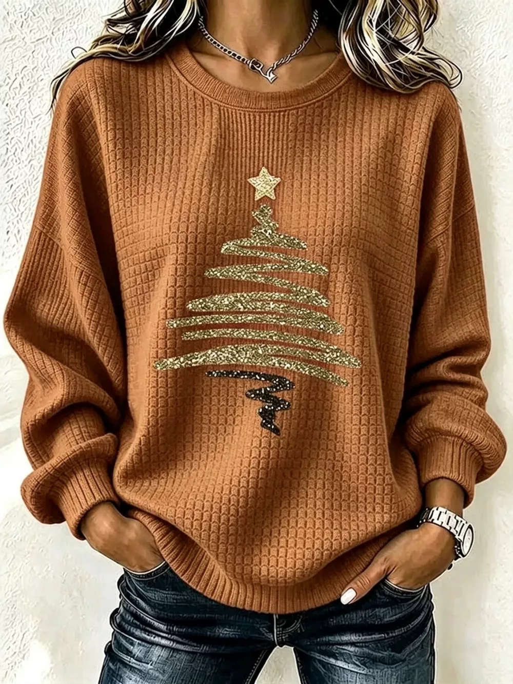 Full Size  Festive Christmas Tree Graphic Ribbed Sweatshirt Plus Size, image 9