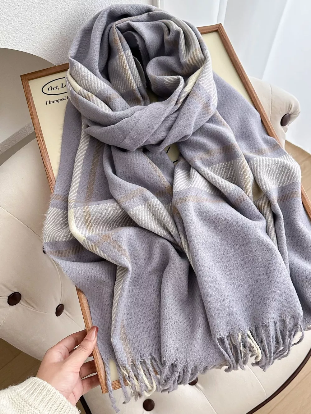 Classic Plaid Pattern Tassel Winter Scarf, image 6