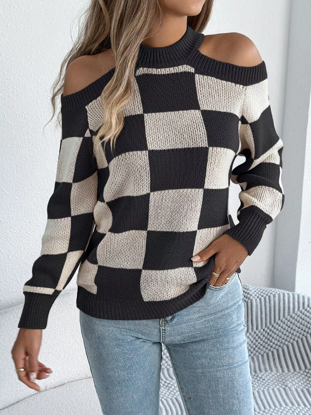 Cold Shoulder Checkered Long Sleeve Sweater, image 11