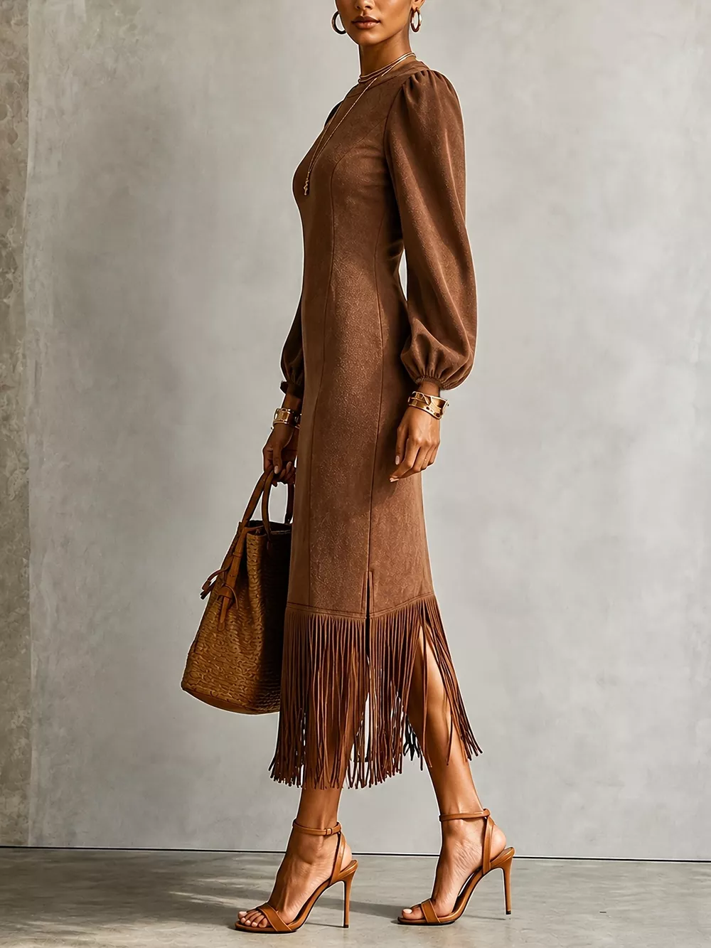 Fringe Balloon Sleeve Midi Dress, image 3