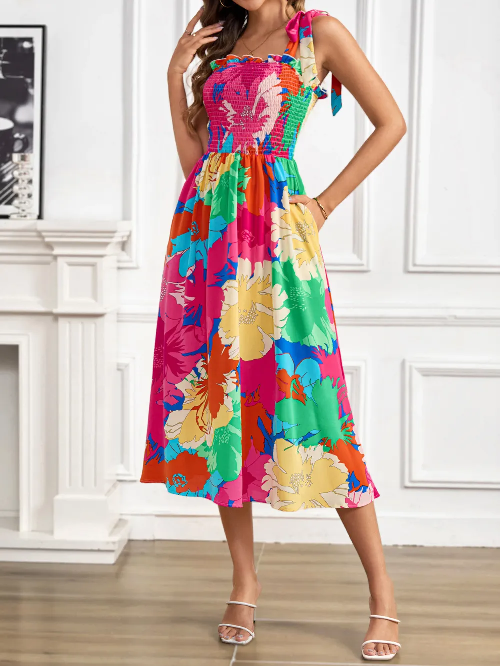 Smocked Printed Tie Shoulder Midi Dress, image 3