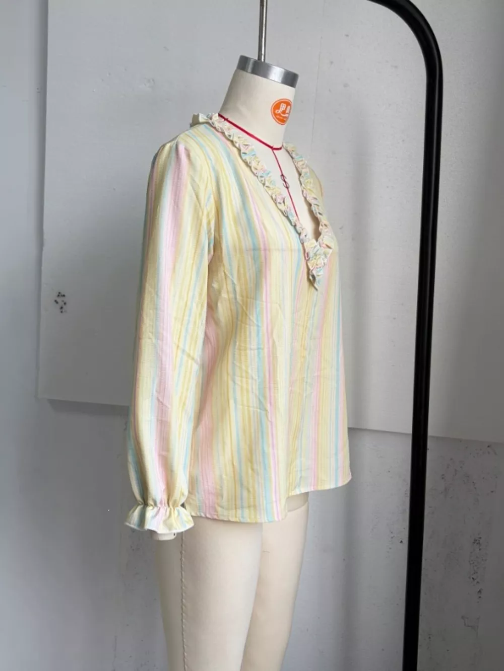 Striped Ruffle-Trim V-Neck Blouse, image 7