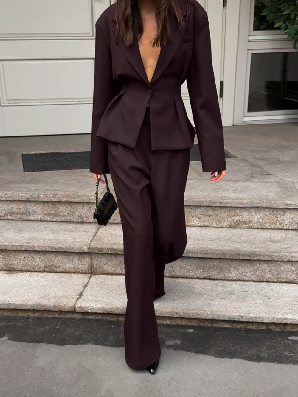 One-Button Blazer and Wide-Leg Pants Set, image 3