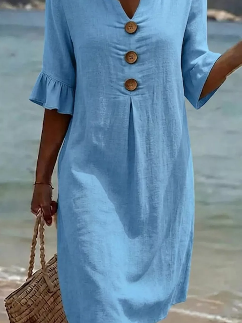 Full Size Decorative Button Ruffle Half Sleeve Dress Plus Size, image 7