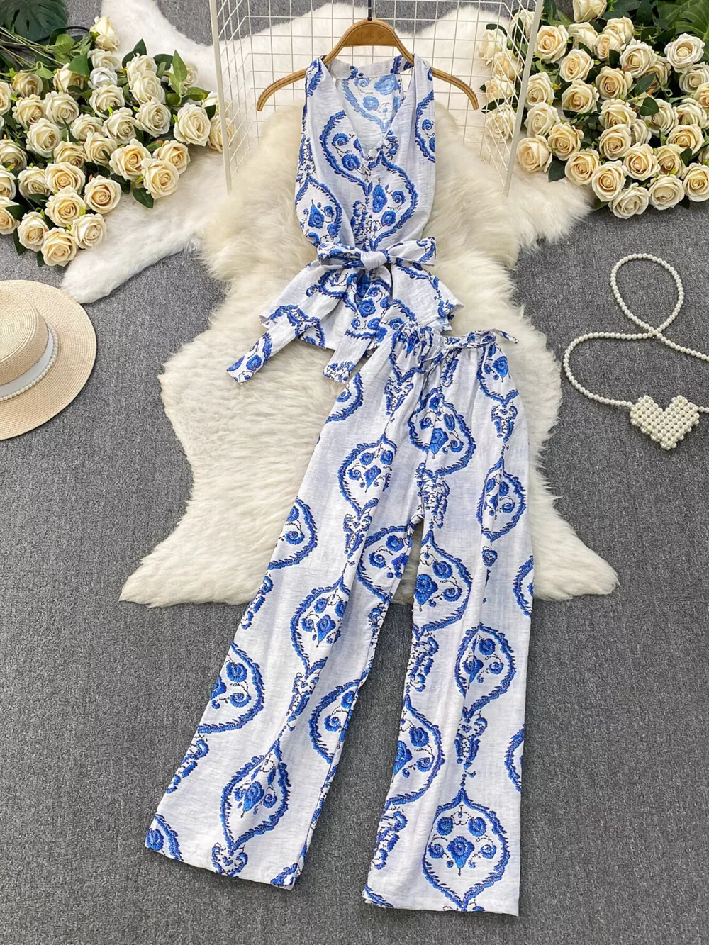 Printed Sleeveless Top and Wide Leg Pants Set, image 4