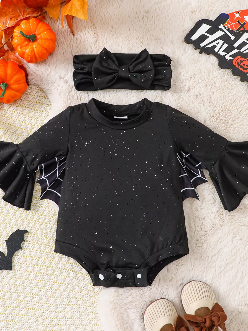 Children's Halloween Spiderweb Print Long Sleeve Bodysuit and Bow Headband Set