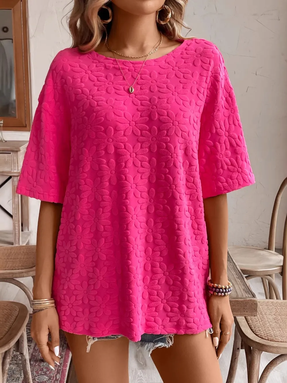 Textured Round Neck Oversized T-Shirt